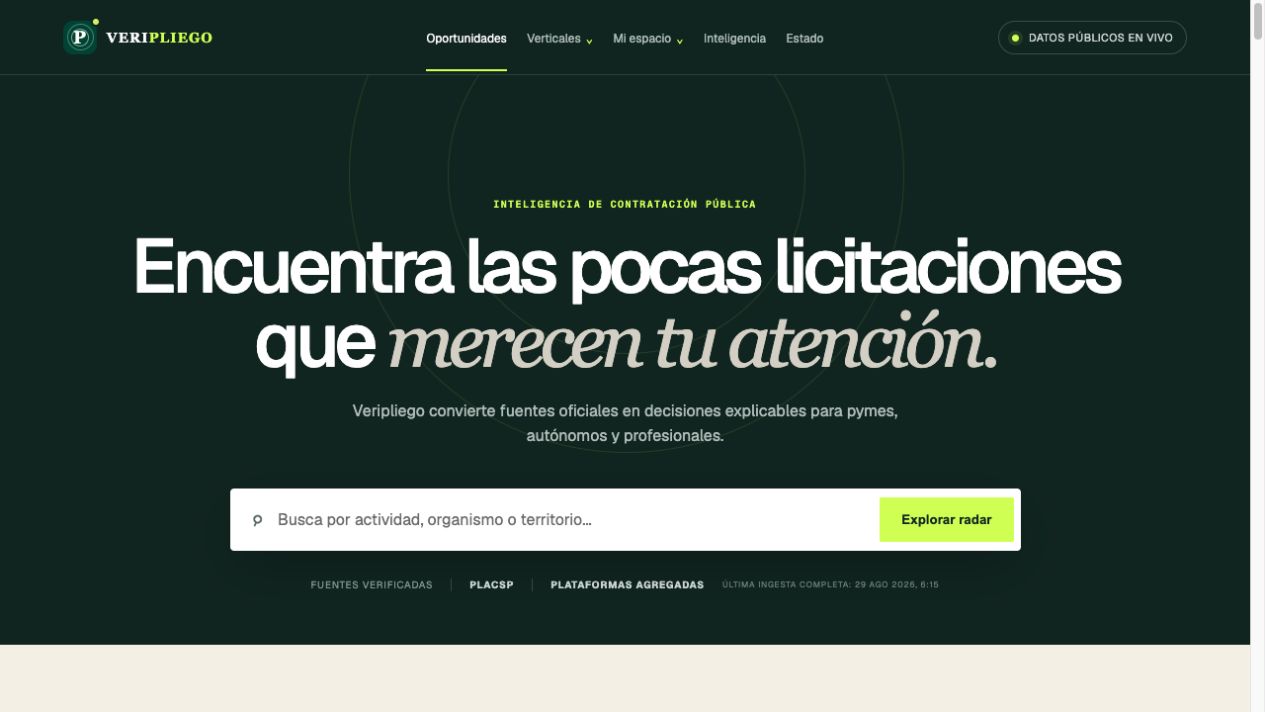 Captura del radar de contratación pública Veripliego